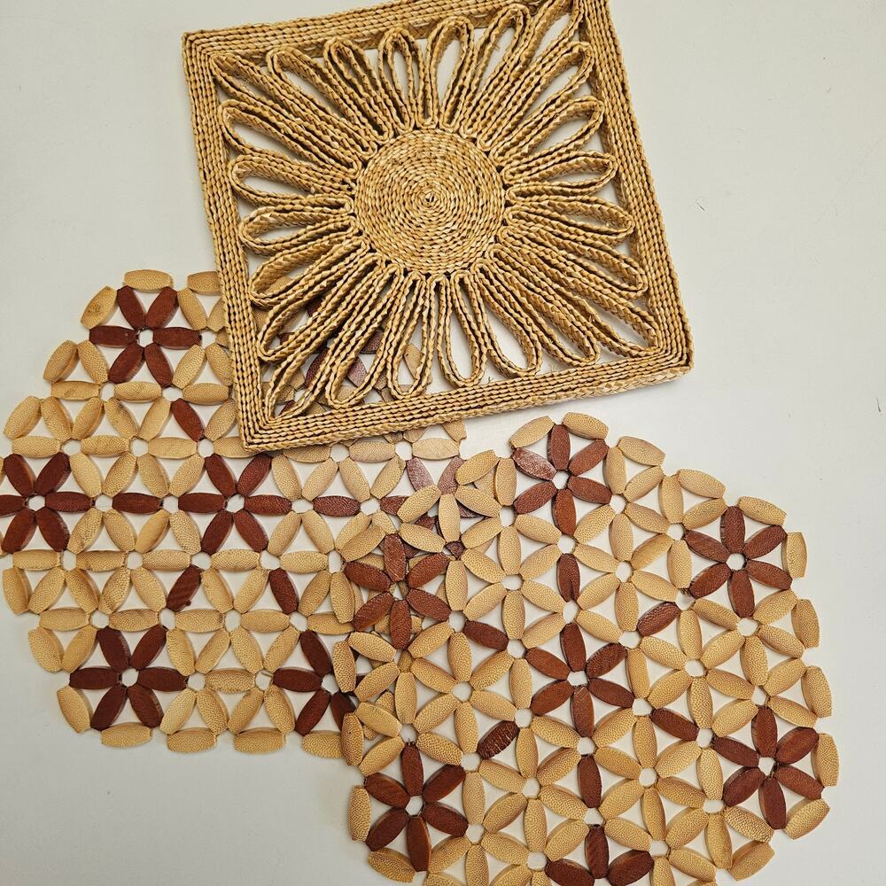 Set‎ of Boho Trivets Pot Holders Bamboo Beaded Wicker 3pc